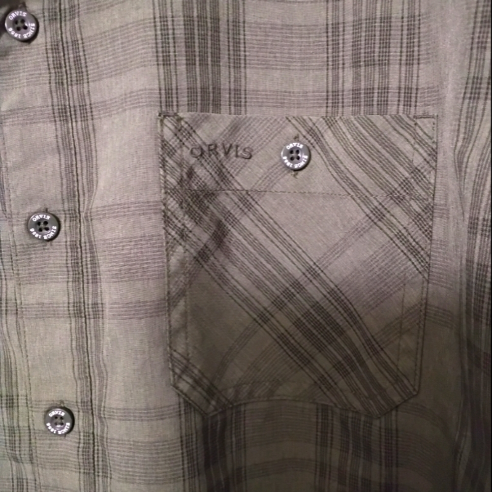 Orvis Shirt Men's XL Green Plaid Satin Button Down Pockets Hiking Safari - Picture 7 of 10